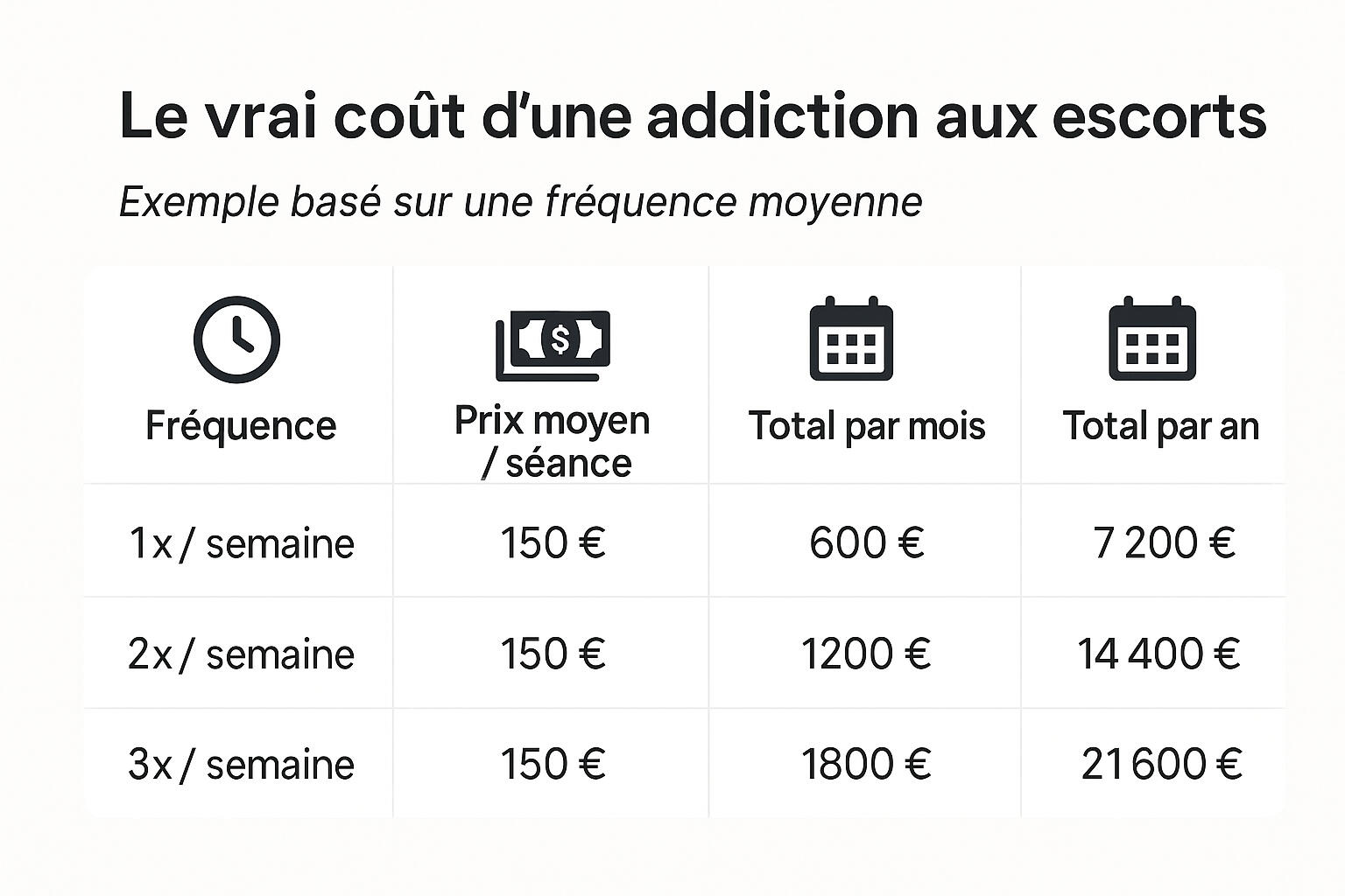 Le vrai coût de l’addiction aux escortes Cette infographie met en lumière l’impact financier de la fréquentation régulière d’escortes. Elle détaille, selon la fréquence des rencontres et le tarif moyen, le coût annuel de cette addiction souvent sous-estimée. L’objectif est de sensibiliser sur les